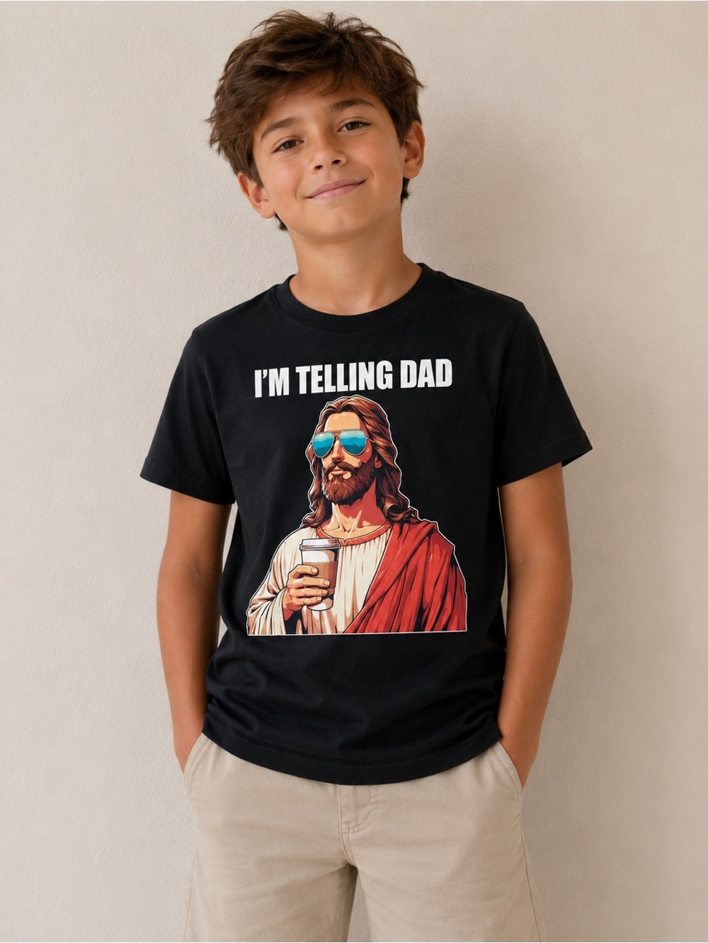 Kids Small Funny Graphic Tee “I’m Telling Dad” Jesus Meme Black Shirt
